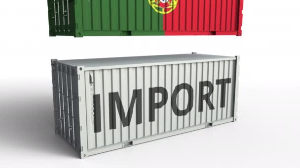 Container with flag of Portugal breaking container with IMPORT text. Conceptual 3D animation — Stock Video
