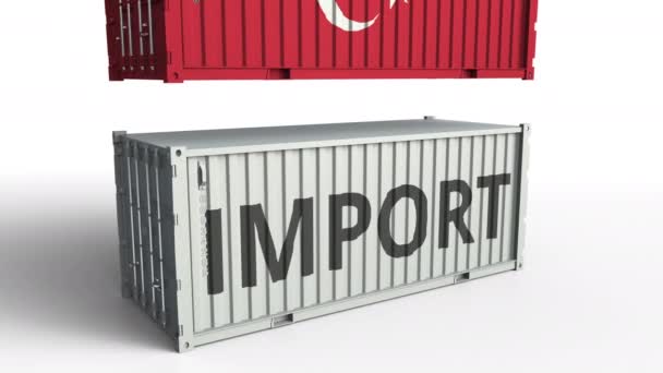 Conteneur avec texte IMPORT écrasé avec conteneur avec drapeau de la Turquie, animation 3D conceptuelle — Video