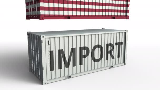 Conteneur avec drapeau des États-Unis cassant le conteneur avec le texte IMPORT. Animation 3D conceptuelle — Video