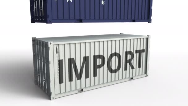 Container mit Importtext wird mit Container mit australischer Flagge kollidiert, konzeptionelle 3D-Animation — Stockvideo