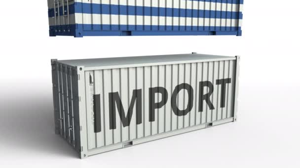 Container with flag of Greece breaking container with IMPORT text. Conceptual 3D animation — Stock Video