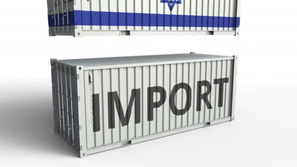 货物集装箱与以色列国旗打破集装箱与进口文本。概念3d 动画 — 图库视频影像