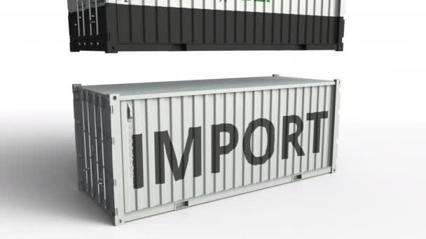 Nákladní kontejner s iráckou vlajkou poruší kontejner s importním textem. Konceptuální 3D animace — Stock video