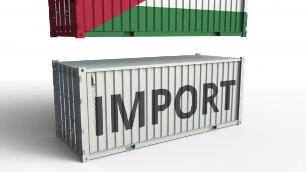 Cargo container with flag of Jordan breaks container with IMPORT text. Conceptual 3D animation — Stock Video