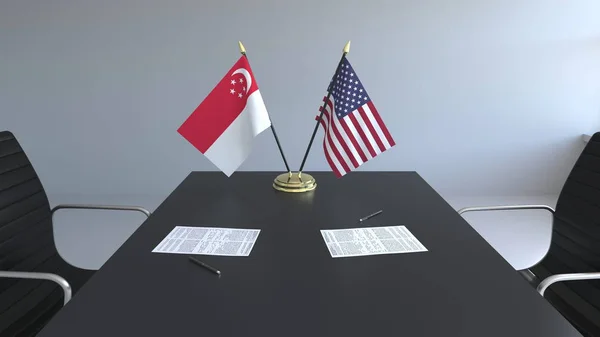 Flaggor av Singapore och Usa och papper på bordet. Förhandlingarna och underteckna internationella avtal. Konceptuell 3d-rendering — Stockfoto