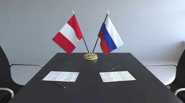 Прапори Перу і Росії і документи на столі. Переговорів і підписання міжнародного договору. Концептуальна 3d-рендерінг — стокове фото