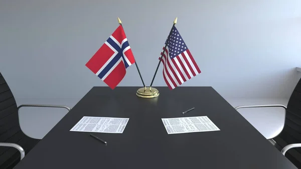 Flaggor i Norge och Sverige och papper på bordet. Förhandlingarna och underteckna internationella avtal. Konceptuell 3d-rendering — Stockfoto