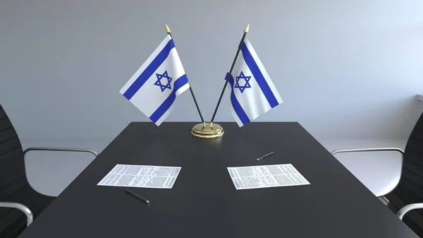 Flaggor av Israel och papper på bordet. Förhandlingarna och underteckna ett avtal. Konceptuell 3d-rendering — Stockfoto