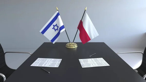 Drapeaux d'Israël et de Pologne et papiers sur la table. Négociations et signature d'un accord international. rendu 3D conceptuel — Photo