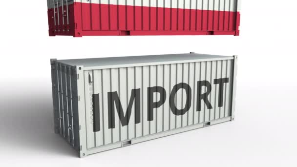 Вантажний контейнер з прапором Австрії перерви контейнер з імпортом тексту. Концептуальна 3D-анімація — стокове відео