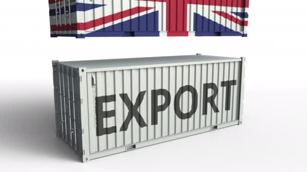 Kontener Cargo z flagą Zjednoczonego Królestwa dzieli kontener z tekstem eksportu. Koncepcyjna animacja 3D — Wideo stockowe