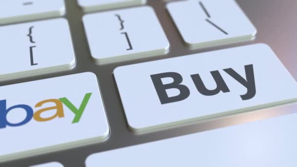 Billentyűzet eBay cég logója és vásárlás szöveget a kulcsokat. Szerkesztői konceptuális animáció — Stock videók