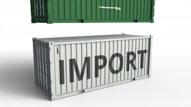 Cargo container with flag of Saudi Arabia breaks container with IMPORT text. Conceptual 3D animation — Stock Video