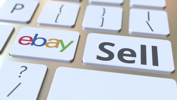 EBAY logo aziendale e Vendere testo sui tasti della tastiera del computer, animazione concettuale editoriale — Video Stock