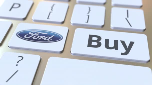 Teclado de ordenador con logotipo FORD y comprar texto en las teclas. Animación editorial — Vídeo de stock