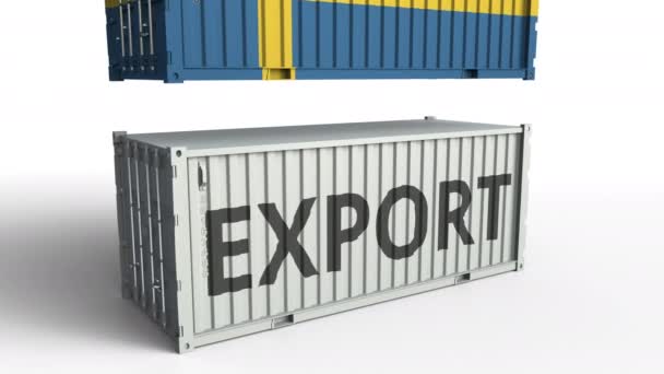 Contenitore con bandiera svedese che rompe container con testo EXPORT. Animazione 3D concettuale — Video Stock