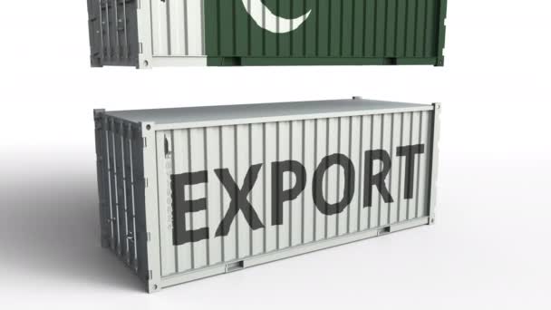 Contenitore con bandiera del Pakistan rompere container con testo EXPORT. Animazione 3D concettuale — Video Stock