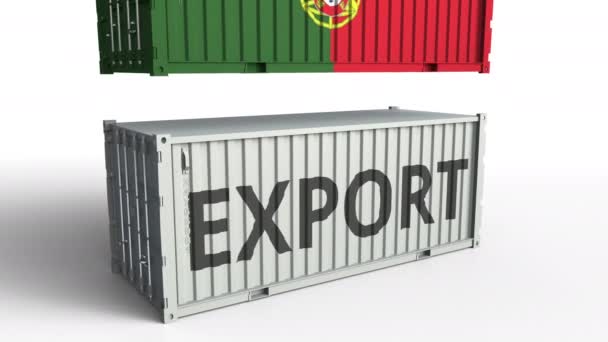 Cargo container with flag of Portugal breaks container with EXPORT text. Conceptual 3D animation — Stock Video