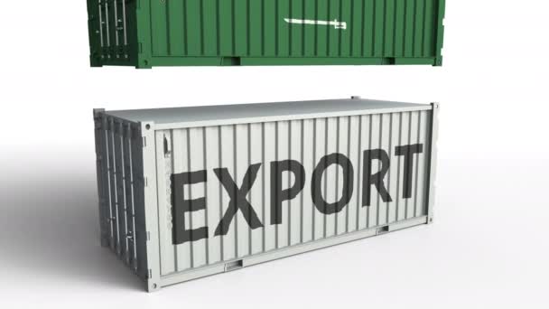 Container met export tekst wordt neergestort met container met vlag van Saoedi-Arabië, conceptuele 3D-animatie — Stockvideo