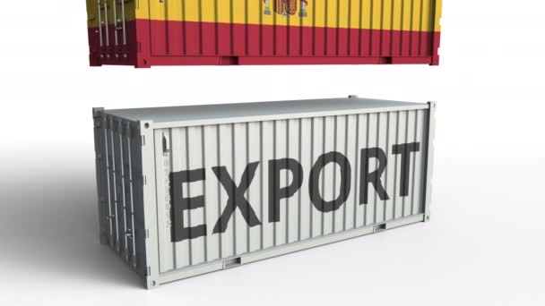 Контейнер с текстом EXPORT разбивается с контейнером с флагом Испании, концептуальная 3D анимация — стоковое видео