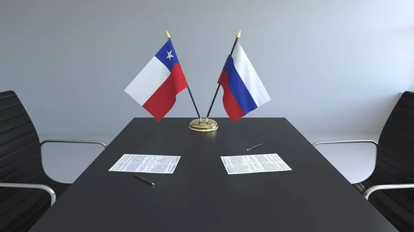 Прапори Чилі та Росії і документи на столі. Переговорів і підписання міжнародного договору. Концептуальна 3d-рендерінг — стокове фото
