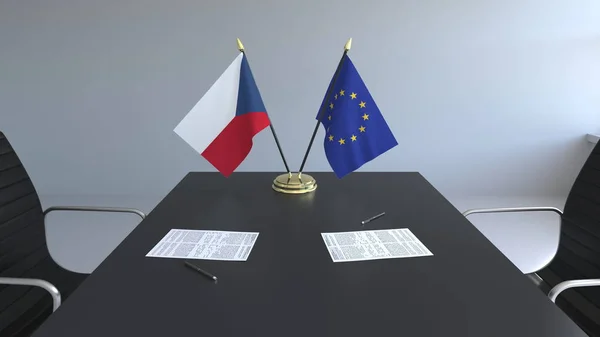 Banderas de la República Checa y de la Unión Europea y documentos sobre la mesa. Negociaciones y firma de un acuerdo internacional. Renderizado 3D conceptual — Foto de Stock