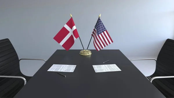 Flaggor av Danmark och Sverige och papper på bordet. Förhandlingarna och underteckna internationella avtal. Konceptuell 3d-rendering — Stockfoto