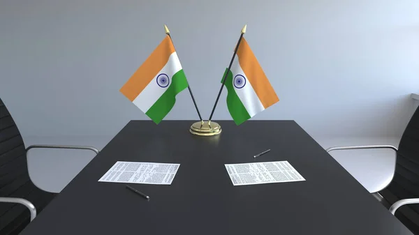 Flagi Indii i dokumentacją na stole. Negocjacji i podpisywania umowy. Konceptualna renderowania 3d — Zdjęcie stockowe