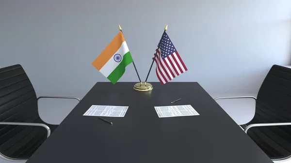 Flagi Indii i Stanów Zjednoczonych i dokumentacją na stole. Negocjacji i podpisywania umowy międzynarodowej. Konceptualna renderowania 3d — Zdjęcie stockowe