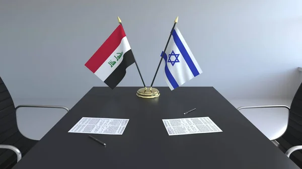 Flagi, Iraku, Izraela i dokumentacją na stole. Negocjacji i podpisywania umowy międzynarodowej. Konceptualna renderowania 3d — Zdjęcie stockowe