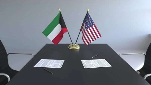 Прапори Об'єднані Арабські Емірати і Сполучені Штати та документи на столі. Переговорів і підписання міжнародного договору. Концептуальна 3d-рендерінг — стокове фото