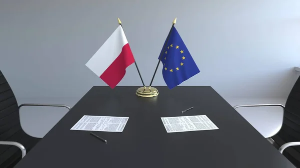 Banderas de Polonia y de la Unión Europea y documentos sobre la mesa. Negociaciones y firma de un acuerdo internacional. Renderizado 3D conceptual — Foto de Stock