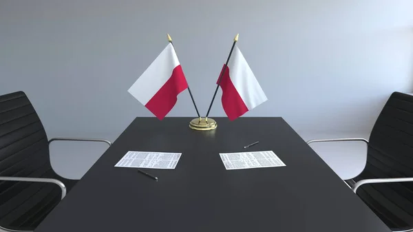 Bandeiras da Polônia e papéis na mesa. Negociações e assinatura de um acordo. Renderização 3D conceitual — Fotografia de Stock