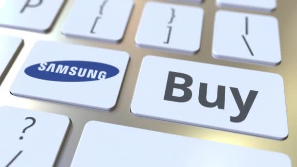 Samsung λογότυπο της εταιρείας και αγοράστε κείμενο για τα κλειδιά του πληκτρολογίου του υπολογιστή, συντακτικό εννοιολογική κίνηση — Αρχείο Βίντεο