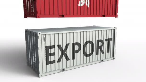 Cargo container with flag of Hong Kong breaks container with EXPORT text. Conceptual 3D animation — Stock Video