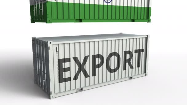 Container cu text EXPORT prăbușit cu container cu steagul Indiei, animație conceptuală 3D — Videoclip de stoc