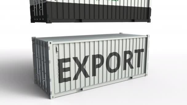 Container met export tekst wordt neergestort met container met vlag van Irak, conceptuele 3D-animatie — Stockvideo