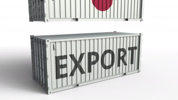 Contenitore con testo EXPORT schiantato con contenitore con bandiera del Giappone, animazione 3D concettuale — Video Stock