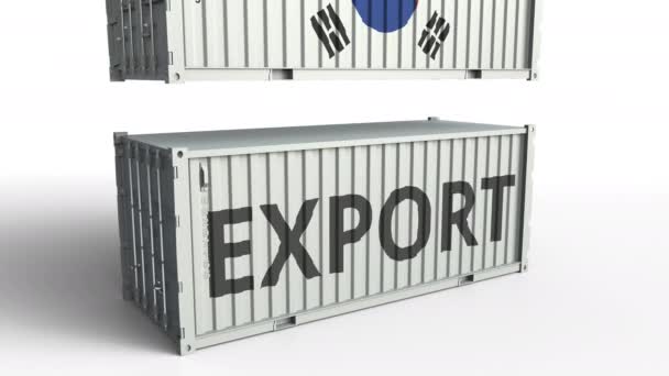 Container mit Exporttext wird mit Container mit koreanischer Flagge zerschellt, konzeptionelle 3D-Animation — Stockvideo