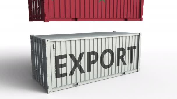 Cargo container met vlag van Marokko breekt container met export tekst. Conceptuele 3D animatie — Stockvideo