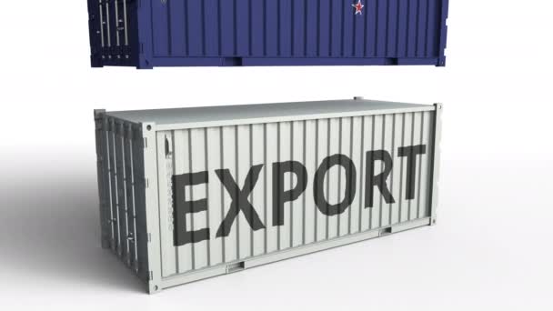 Container mit Flagge von Neuseeland und Breaking Container mit Exporttext. konzeptionelle 3D-Animation — Stockvideo