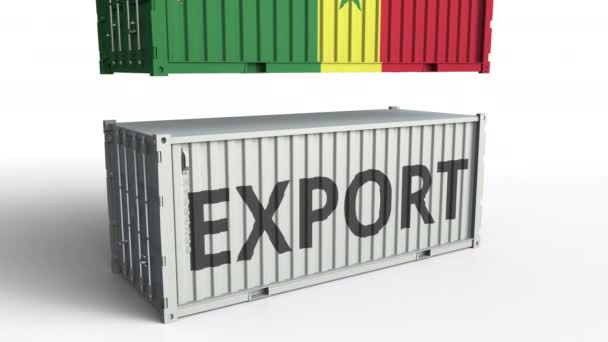 Container mit Exporttext wird mit Container mit senegalesischer Flagge zerschellt, konzeptionelle 3D-Animation — Stockvideo
