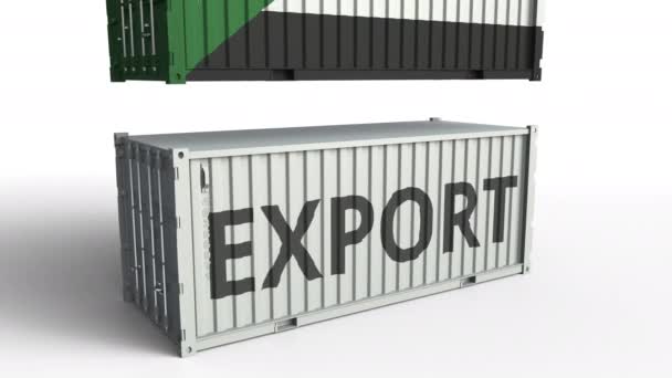 Contenitore con bandiera del Sudan che rompe container con testo EXPORT. Animazione 3D concettuale — Video Stock