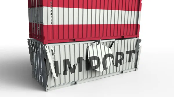 Cargo container with flag of Austria breaks container with IMPORT text. Conceptual 3D rendering — Stock Photo, Image