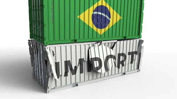 Recipiente de carga com bandeira do Brasil quebra contêiner com texto IMPORT. Renderização 3D conceitual — Fotografia de Stock