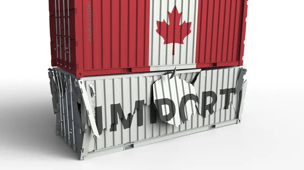 Recipiente de carga com bandeira do Canadá quebra contêiner com texto IMPORT. Renderização 3D conceitual — Fotografia de Stock