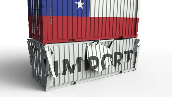 Contenitore di carico con bandiera del Cile rompe container con testo IMPORT. Rendering 3D concettuale — Foto Stock