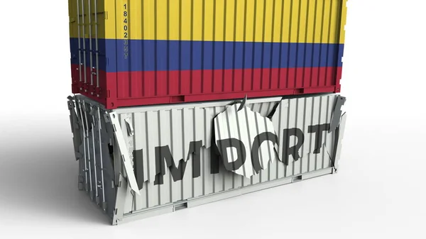 Contenedor de carga con bandera de Colombia rompe contenedor con texto IMPORTAR. Renderizado 3D conceptual —  Fotos de Stock
