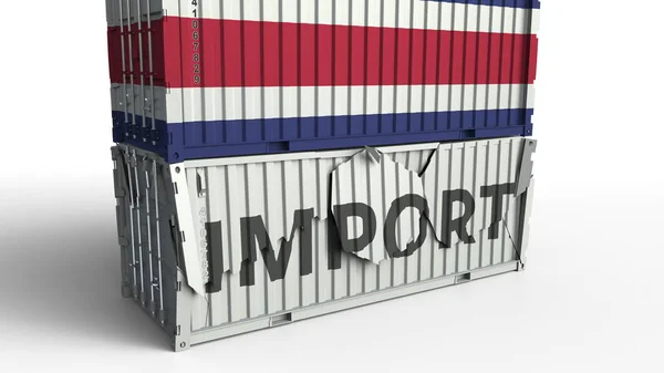 Container with flag of Costa Rica breaking container with IMPORT text. Conceptual 3D rendering — Stock Photo, Image