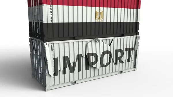 Recipiente com bandeira do Egito quebrando recipiente com texto IMPORT. Renderização 3D conceitual — Fotografia de Stock